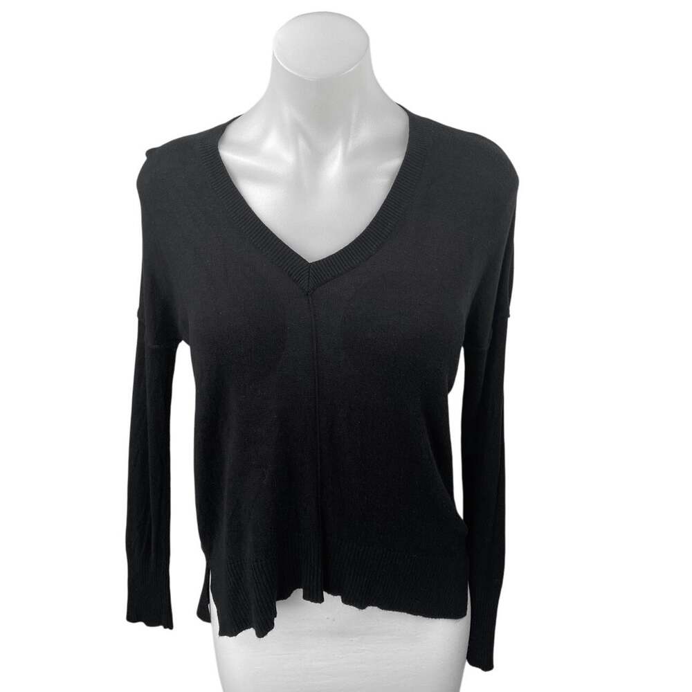 Aqua Women's Black V-neck Long Sleeve Knit Pullover Sweatshirt Sweater Top Sz XS